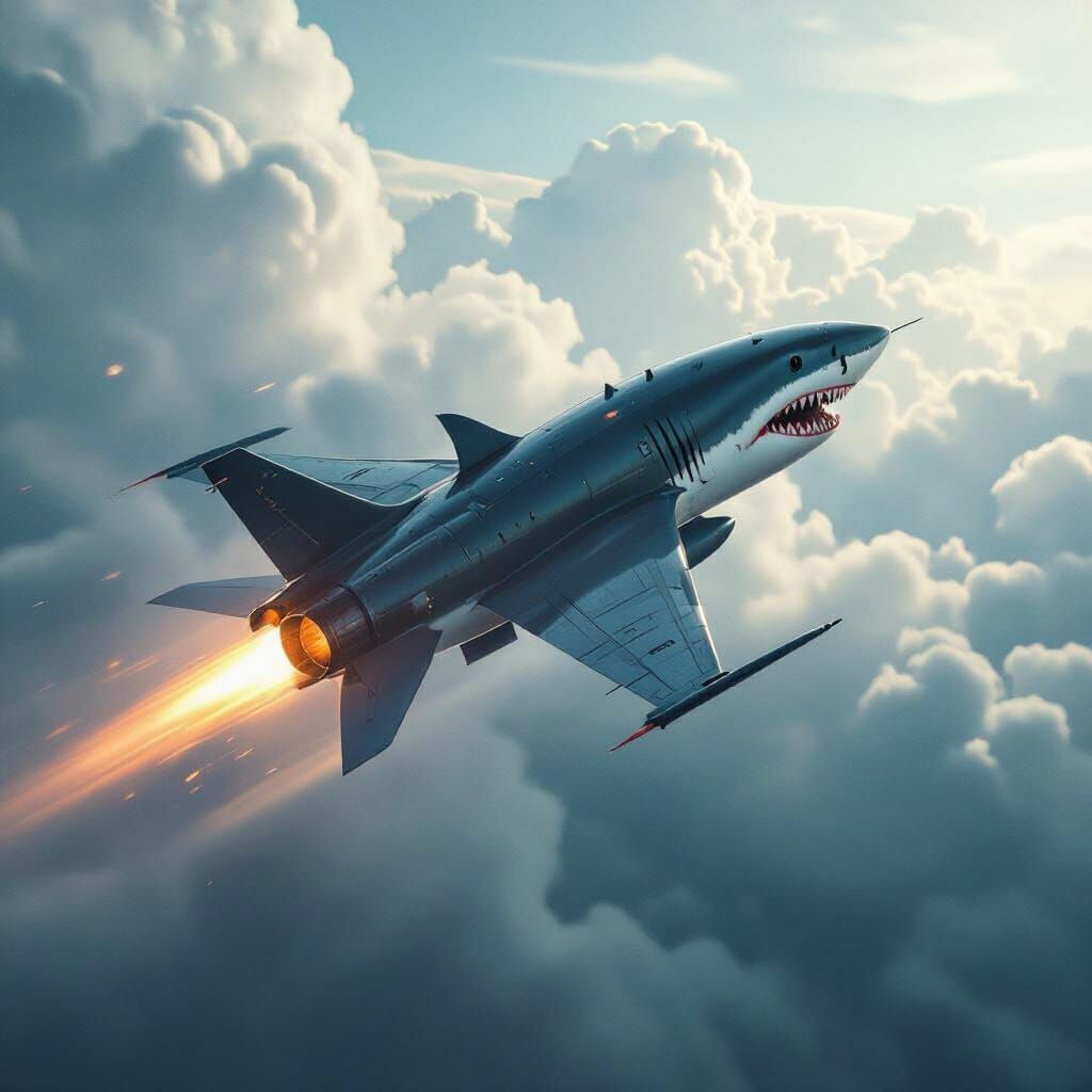 Shark-Faced Jet Soars Through Dramatic Skies
