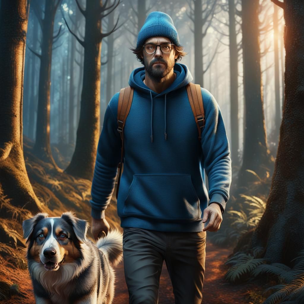 Mystical Forest Walk with Dog: Fantasy Concept Art