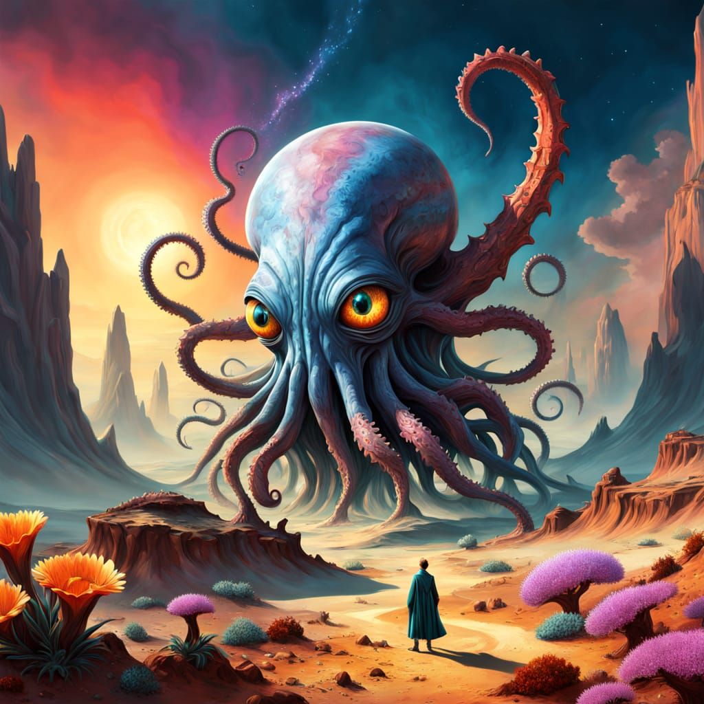 Surreal Alien Creature on Barren Planet in Psychedelic Color...