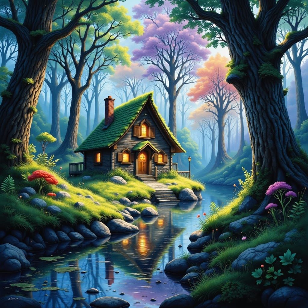 Enchanted Forest Cabin in Dappled Sunlight