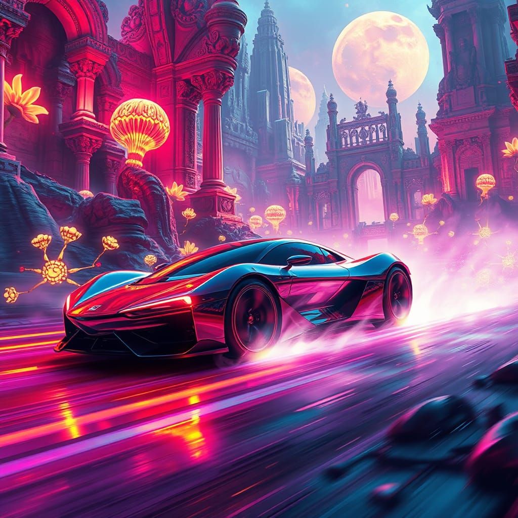 Futuristic Car in Mystical Realm: Dreamlike Concept Art