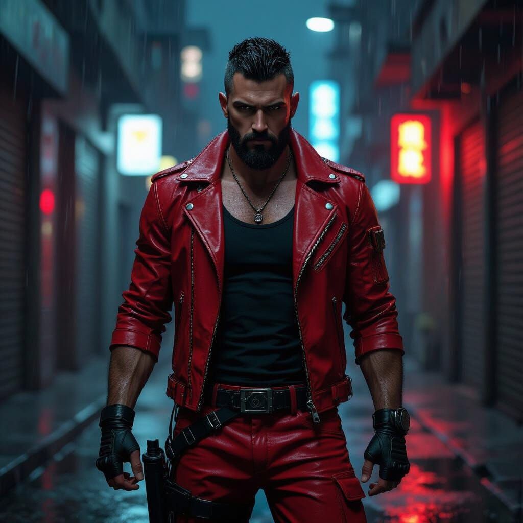 Man in Red Jacket with Duel Disk in Neon Alley