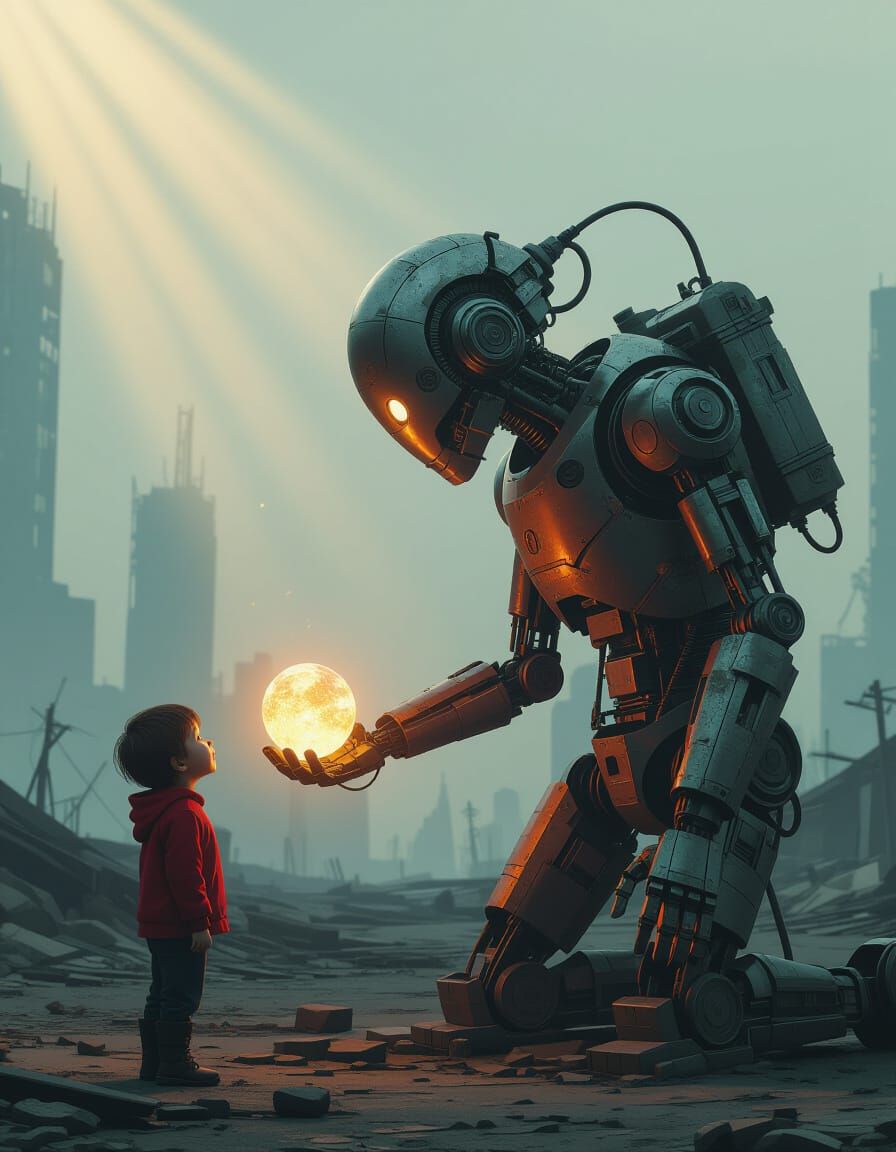 Steampunk Robot Offers Hope to Child in Cityscape
