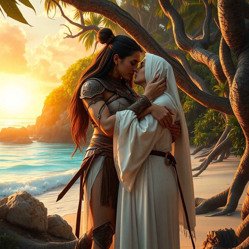 Exotic Beach Sunset: Amazon Warrior and Nun Share a Kissing...