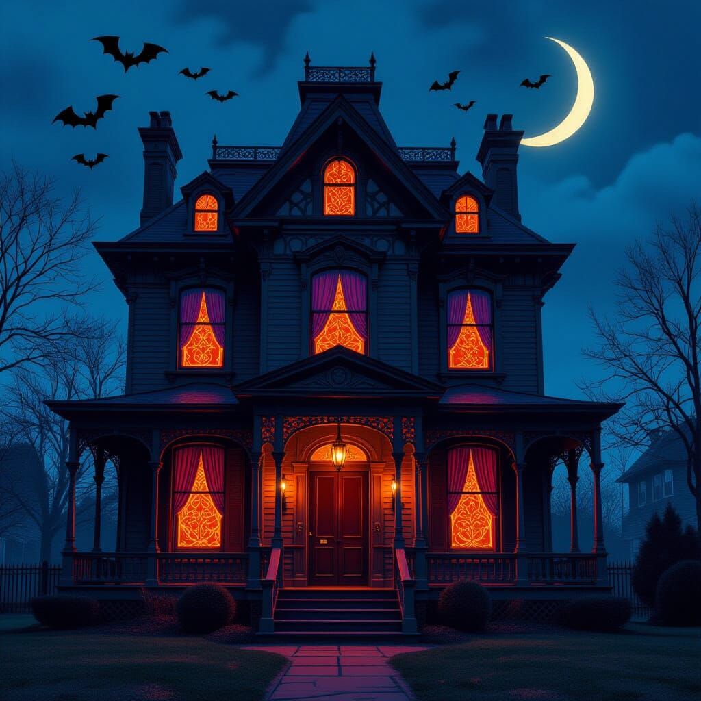 Neon Zentangle Victorian House in Cyberpunk Style