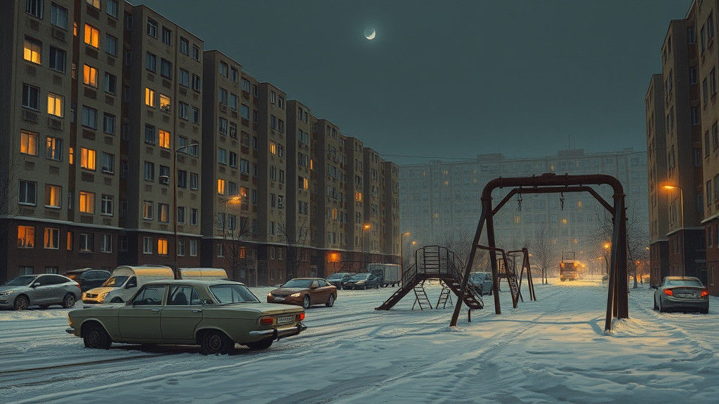 Soviet Winter Night Cityscape as Oil Painting