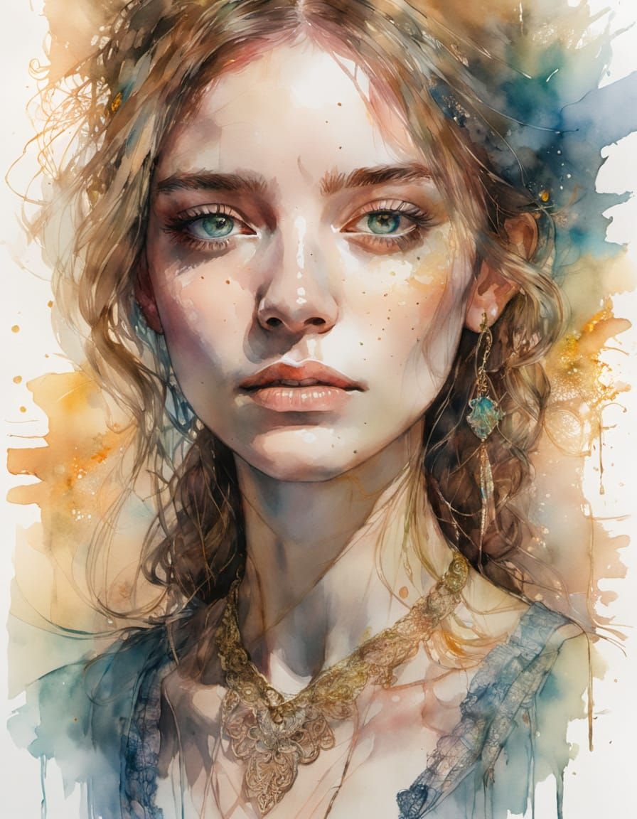 Watercolor Portrait of Woman in Lace with Pendant