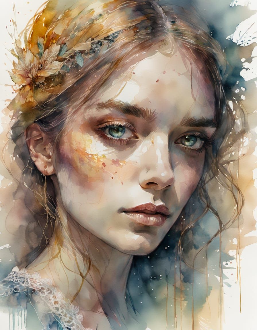 Watercolor Portrait of Woman in Lace