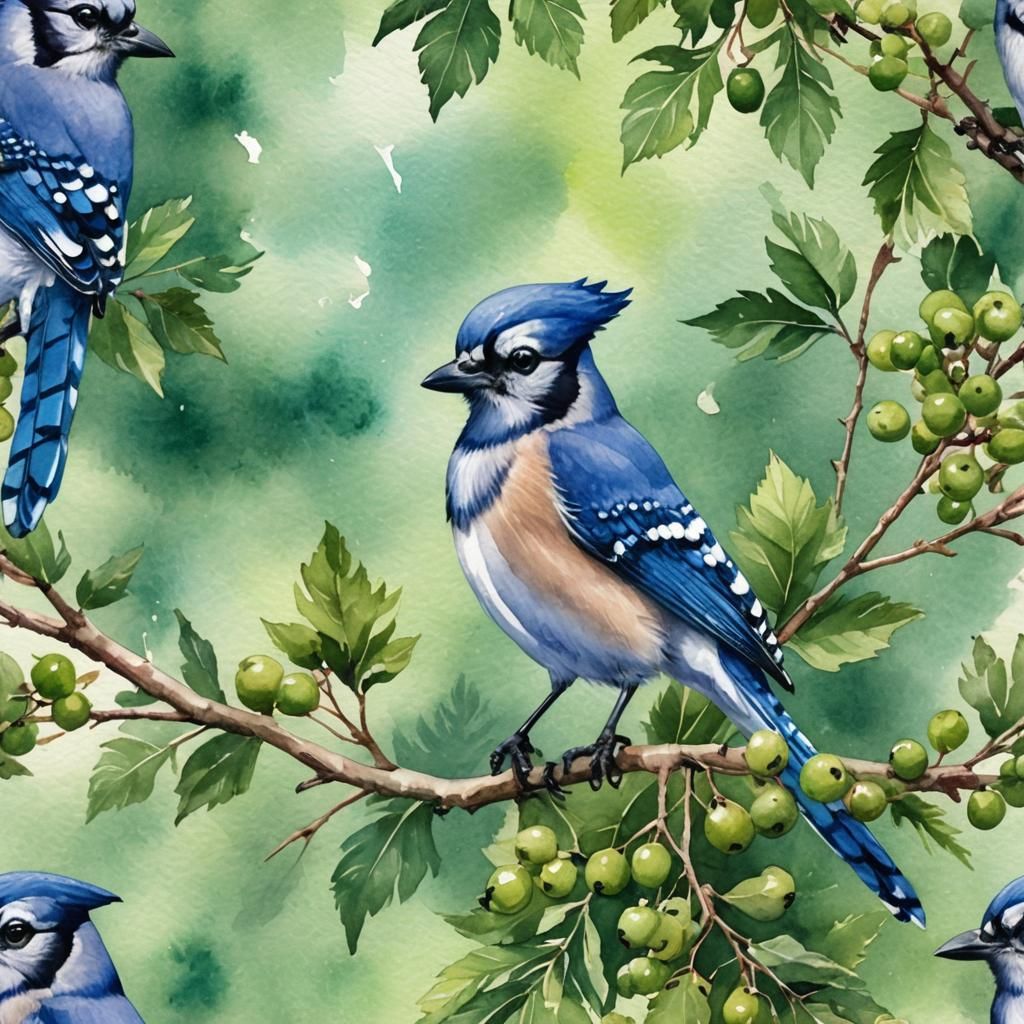Blue Jay with Berries Watercolor Painting
