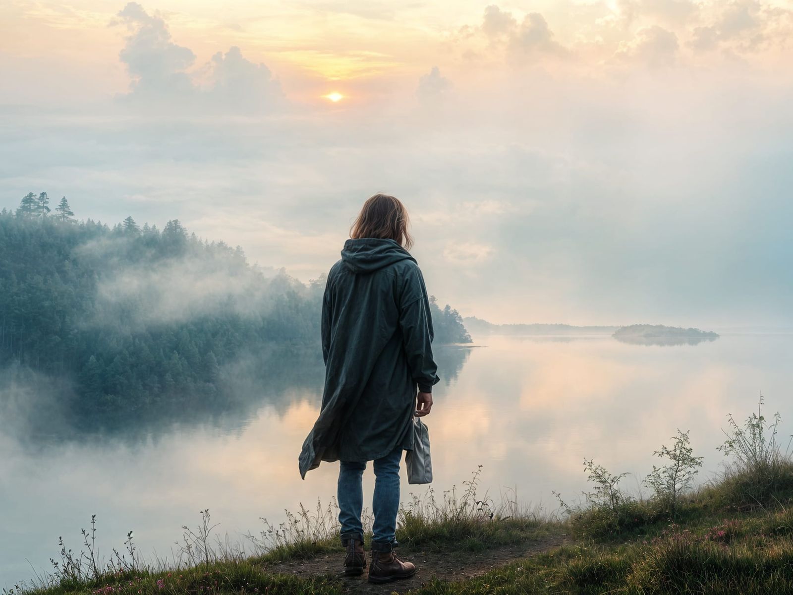 Misty Lakeside Figure in Impressionist Style