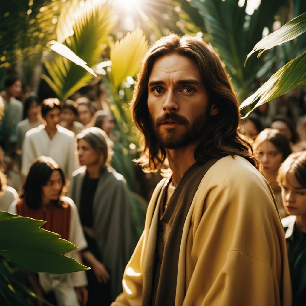 Jesus Riding a Donkey in a Vibrant, Golden-Lit Scene