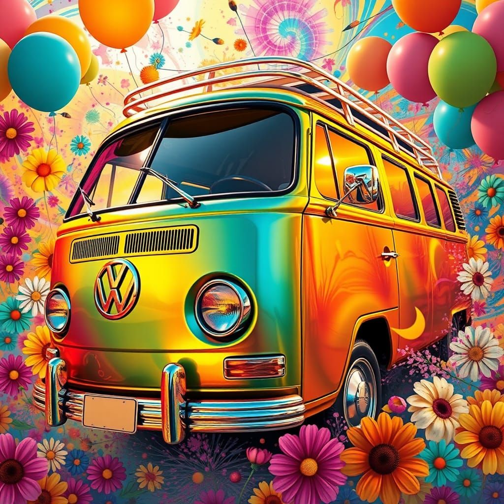 Retro Kombi Van in Psychedelic Splash Art Style