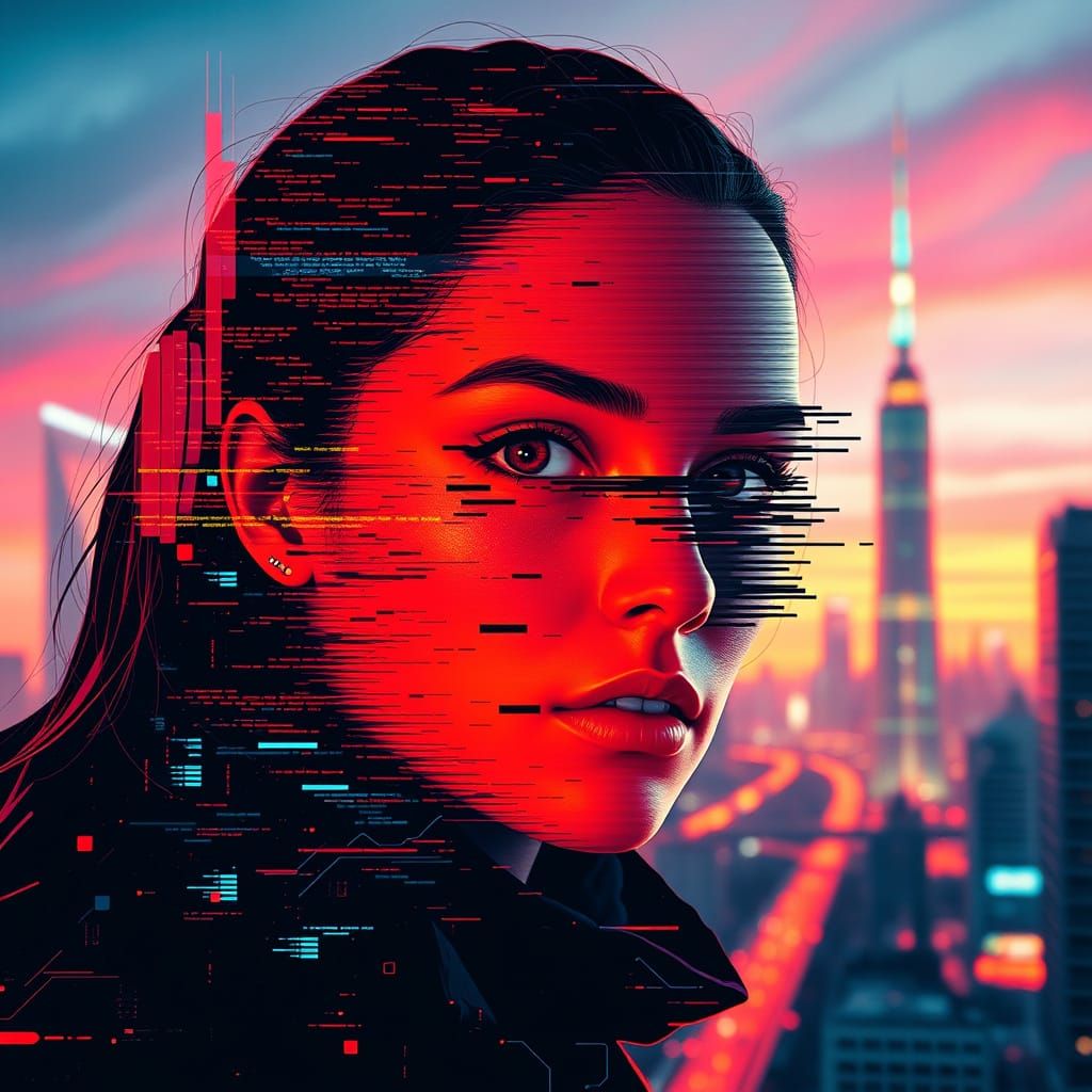 Futuristic Glitch Art Portrait in Cyberpunk Style