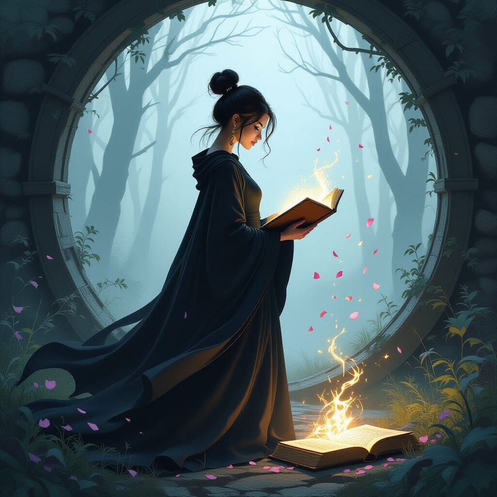 Elegant Witch Before Forest Portal, Painterly Style