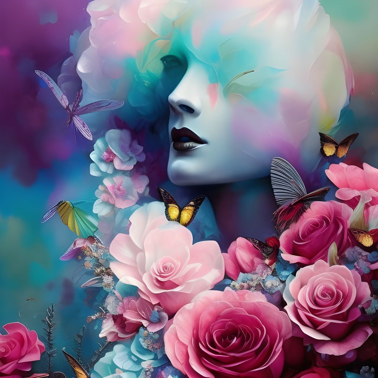 Roses with Ice Petals and Butterflies, Digital Art