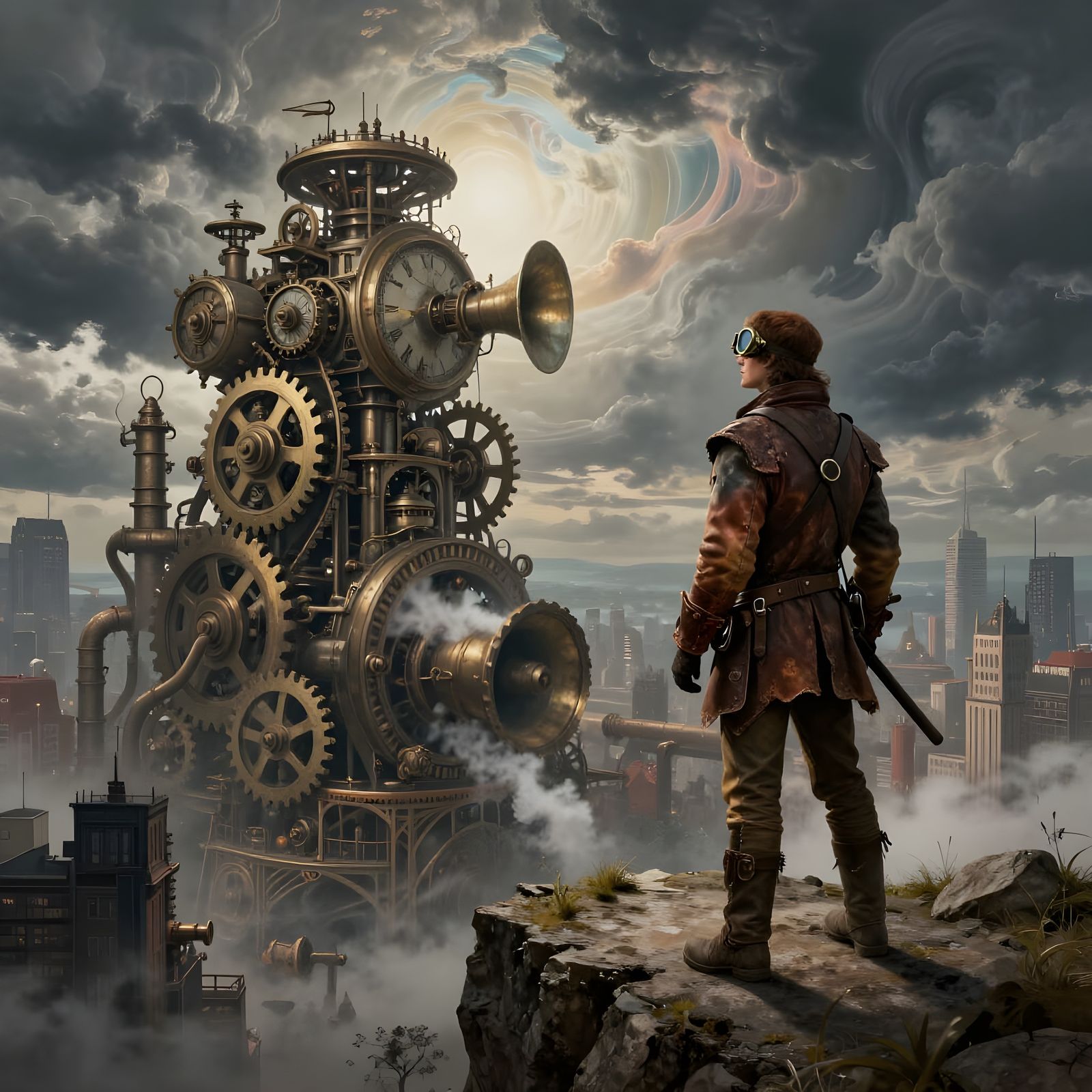Steampunk Adventurer Overlooks Clockwork City