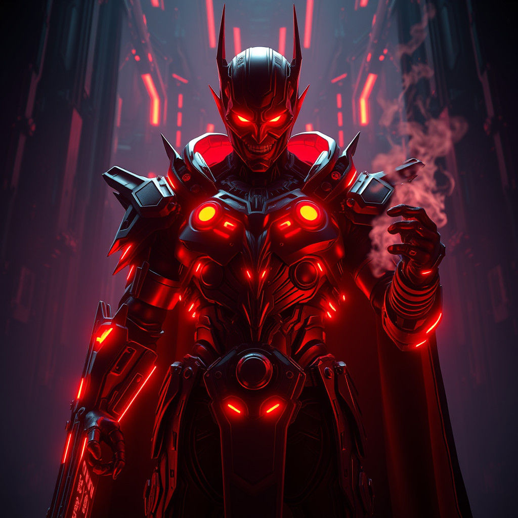 Menacing Cyberpunk Villain in Dark Futuristic Lair