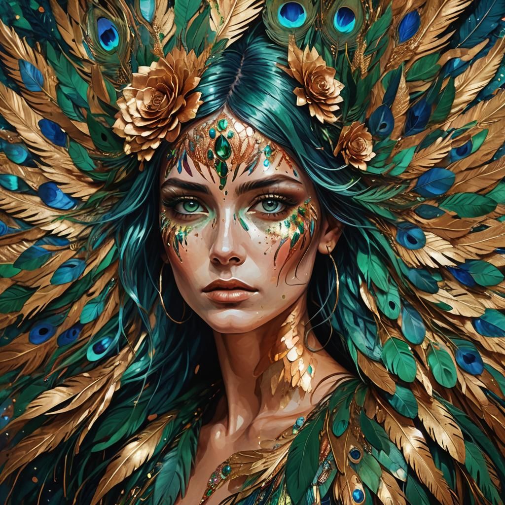 Metallic Rose Gold Woman with Feathers, Expressionist Art