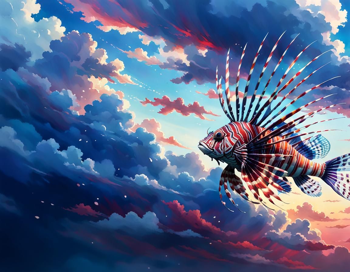 Flying Lionfish in Cloudy Sky: Watercolor Fantasy