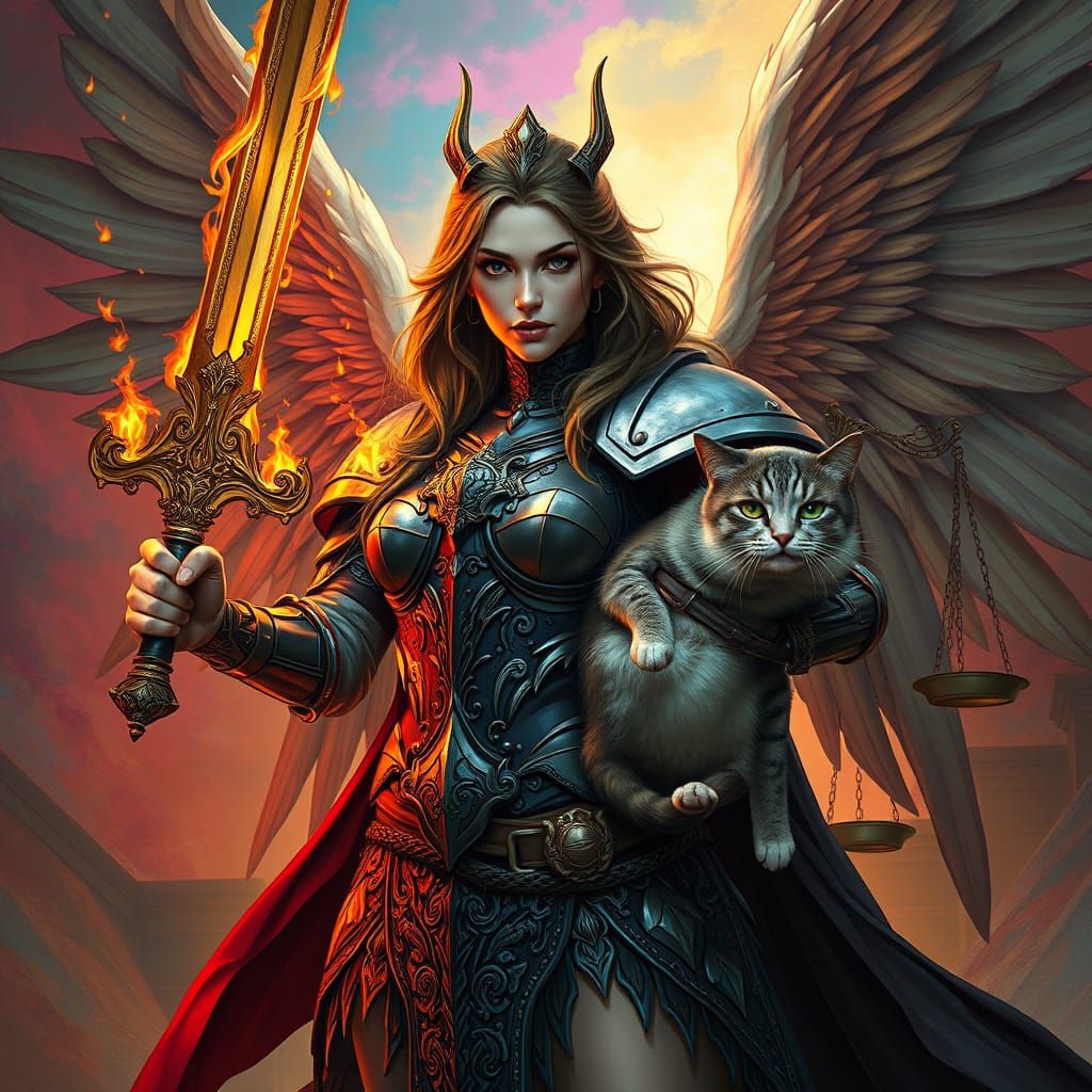 Fierce Female Angel in Hyperrealistic Armor with Flaming Swo...