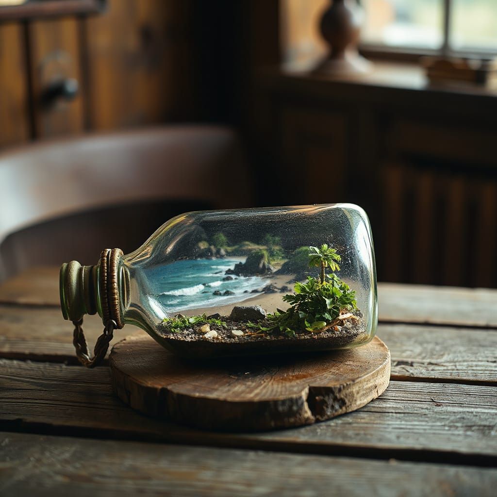 Tropical Beach Diorama Inside Antique Glass Bottle