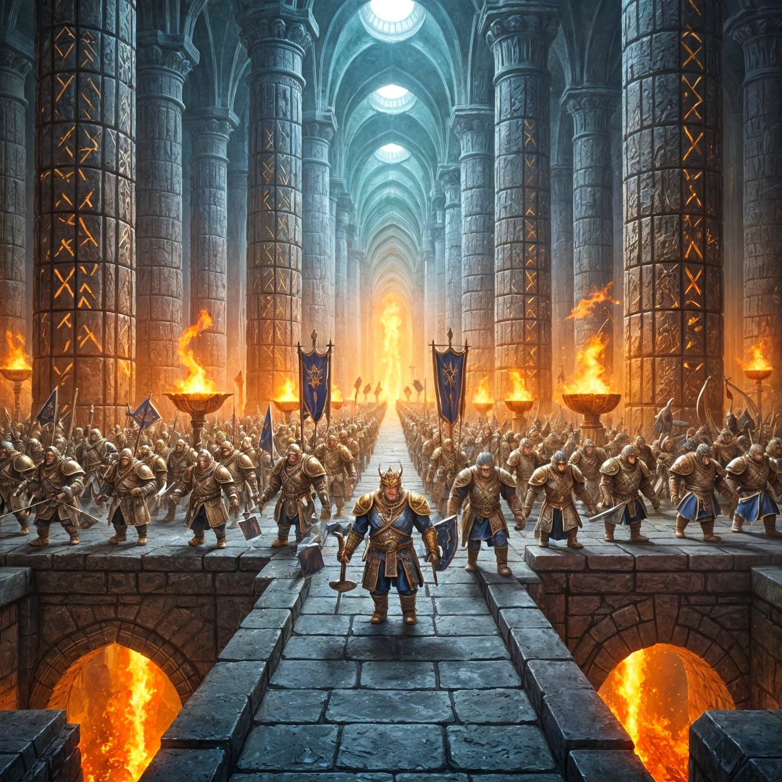 Colossal Dwarven Hall with Runes and Lava, Cinematic View