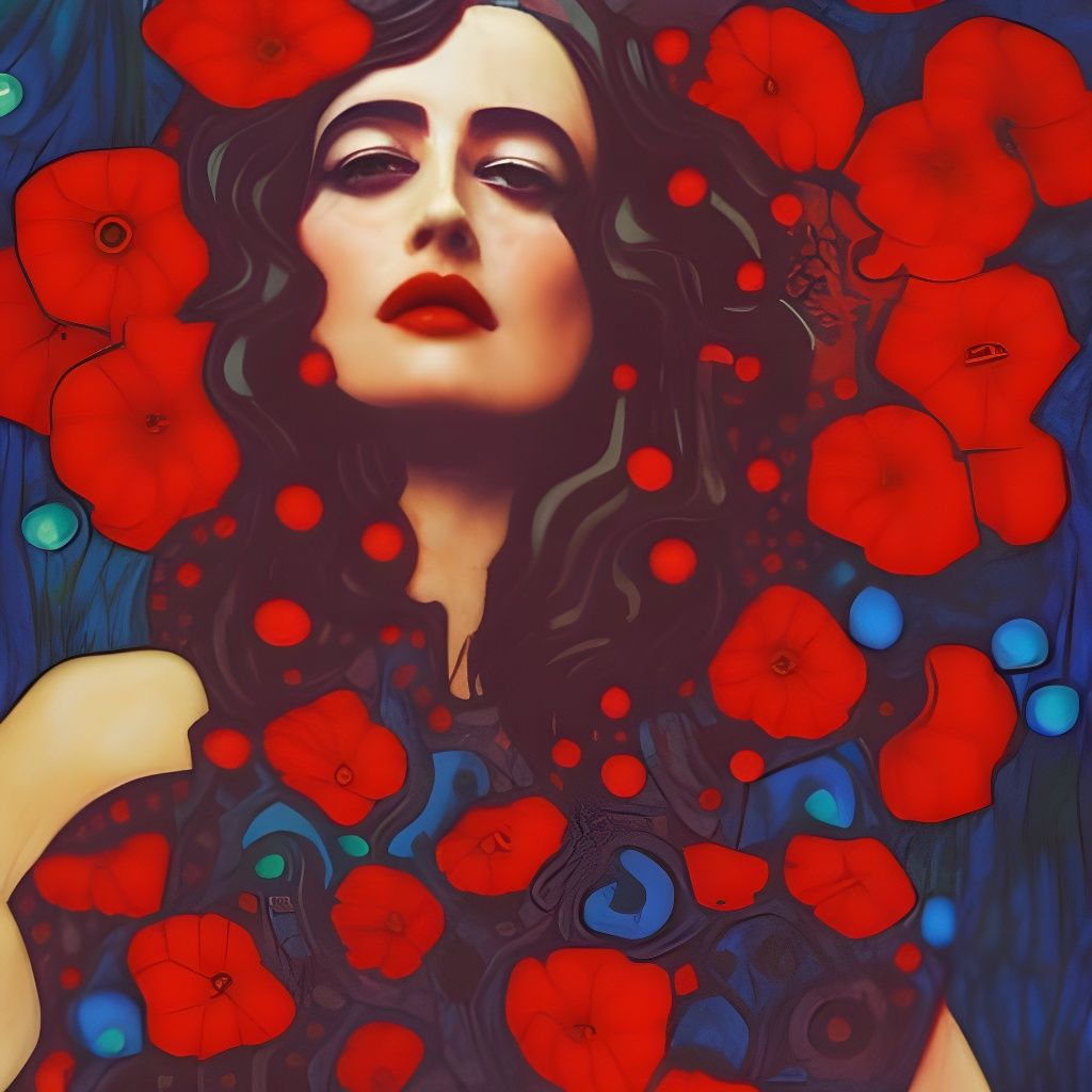 Iridescent Portrait with Poppies in Collage Style