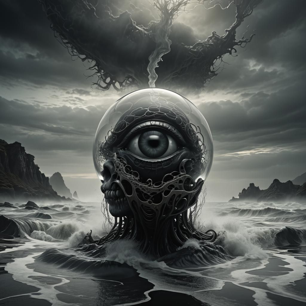 Glass 'A' with Eye and Brain in Dark Fantasy Style