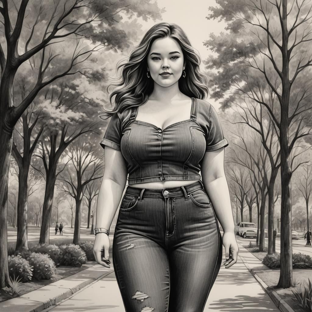 Plus-Sized Woman Walking in Park: Charcoal Drawing