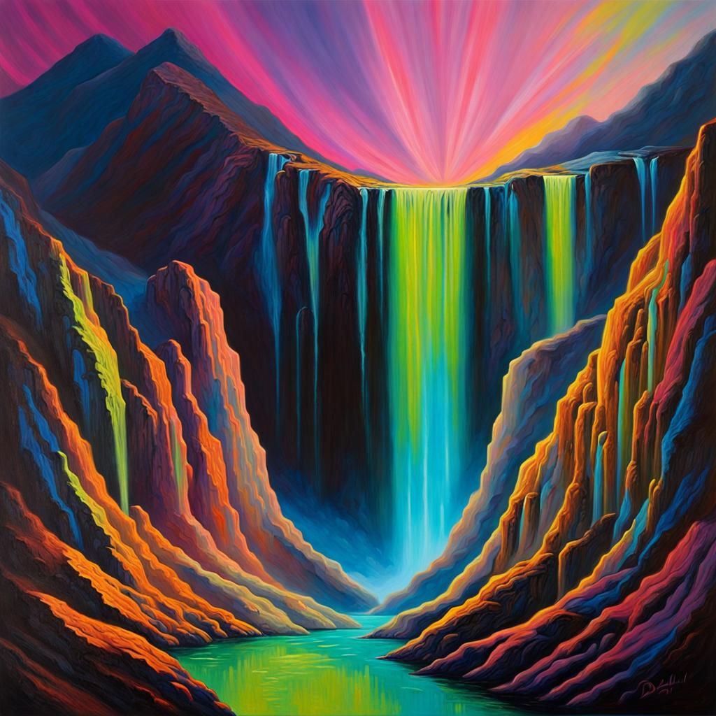 Fluorescent Waterfall in Surrealist Oil Painting Style