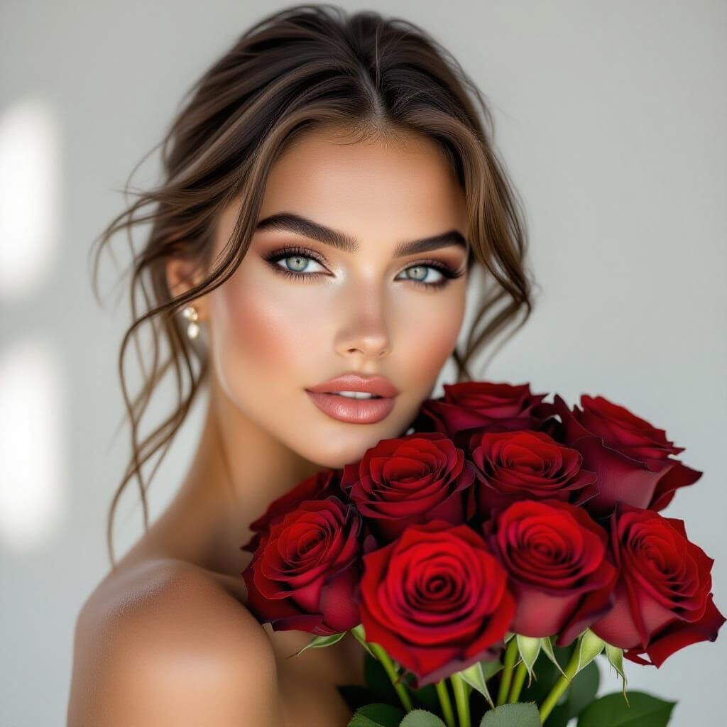 Glamorous Woman Poses with Off-Red Roses in Vogue Shoot