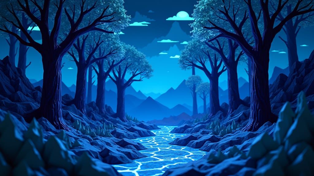 Bioluminescent Origami Forest in Escher and Mead Style