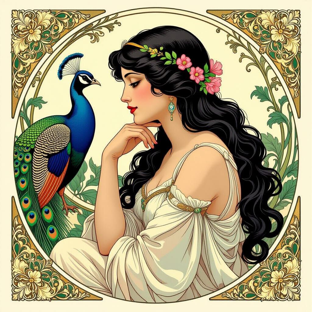 Art Nouveau Aphrodite with Peacock in Elegant Illustration