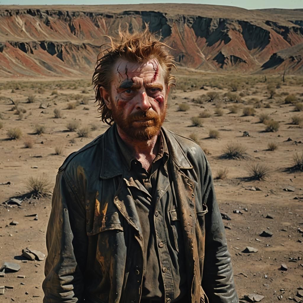 Weathered Man in Wasteland: Francis Bacon-esque Oil Painting