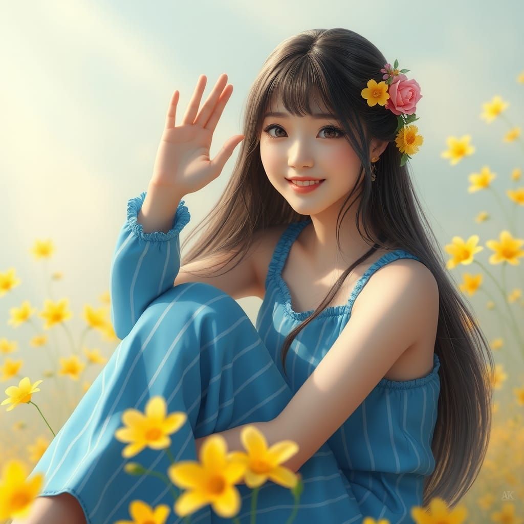 Beautiful Woman with Flowers in Detailed Matte Painting