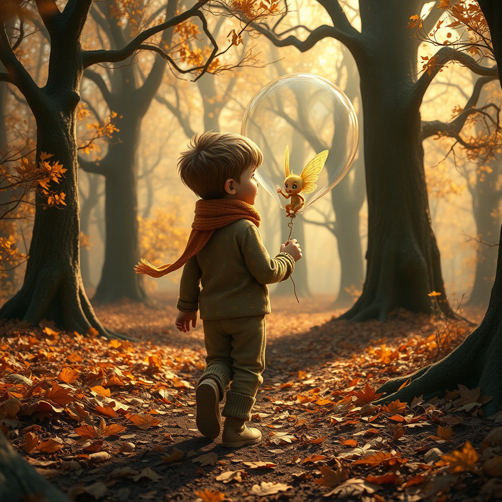 Boy and Fairy in Enchanted Autumn Forest