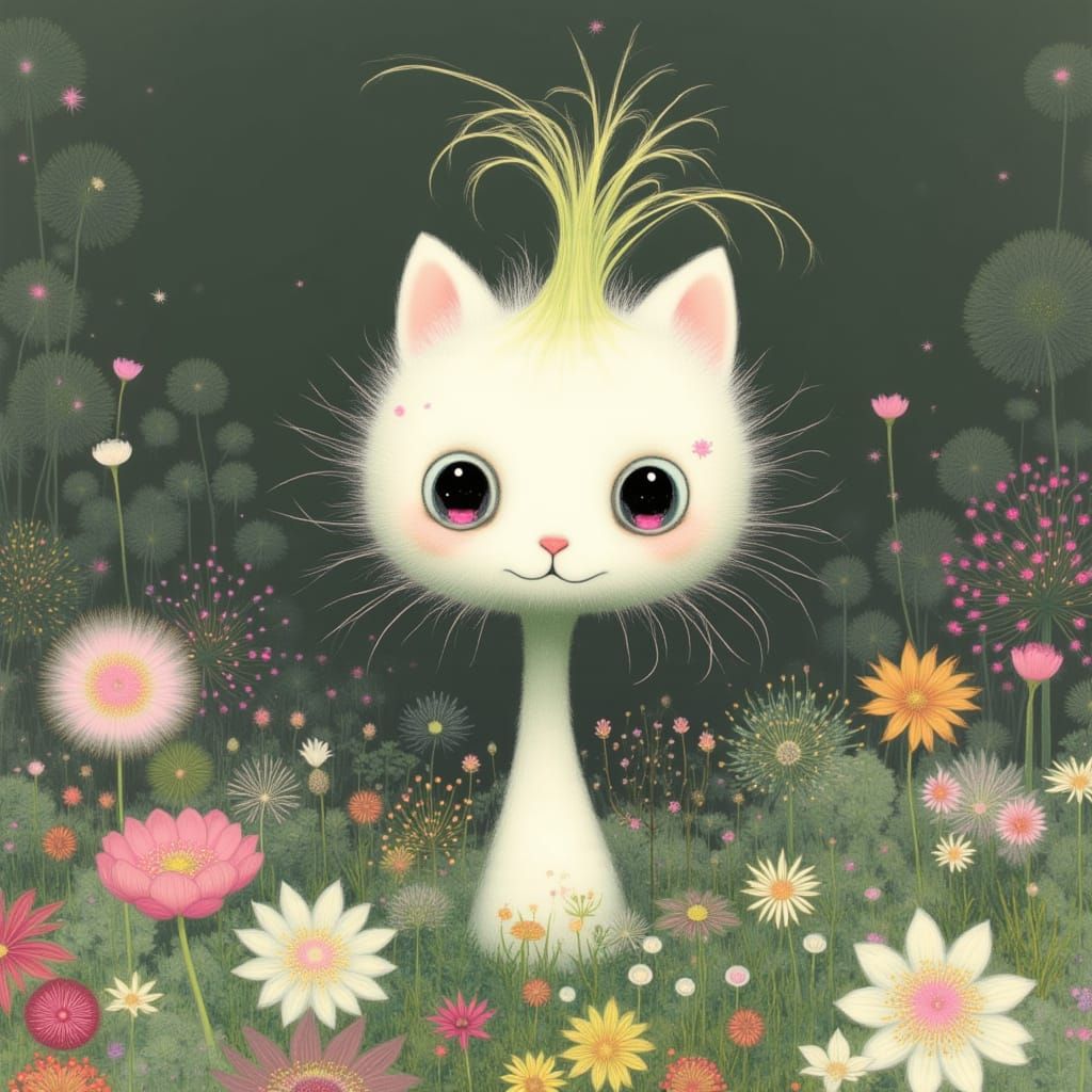 Whimsical Chibi Creature Among Floral Blooms