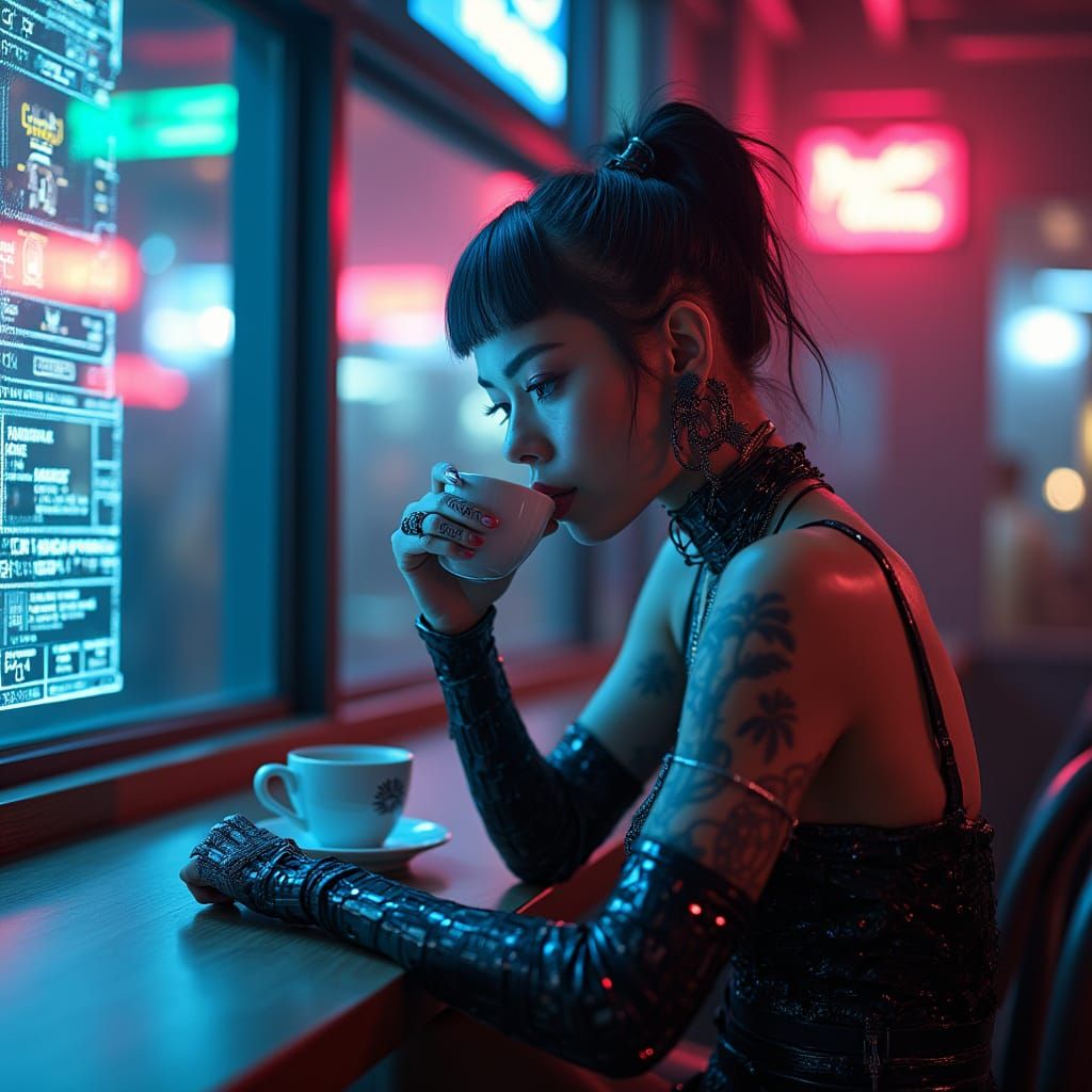 Cyberpunk Woman in Neon Cafe