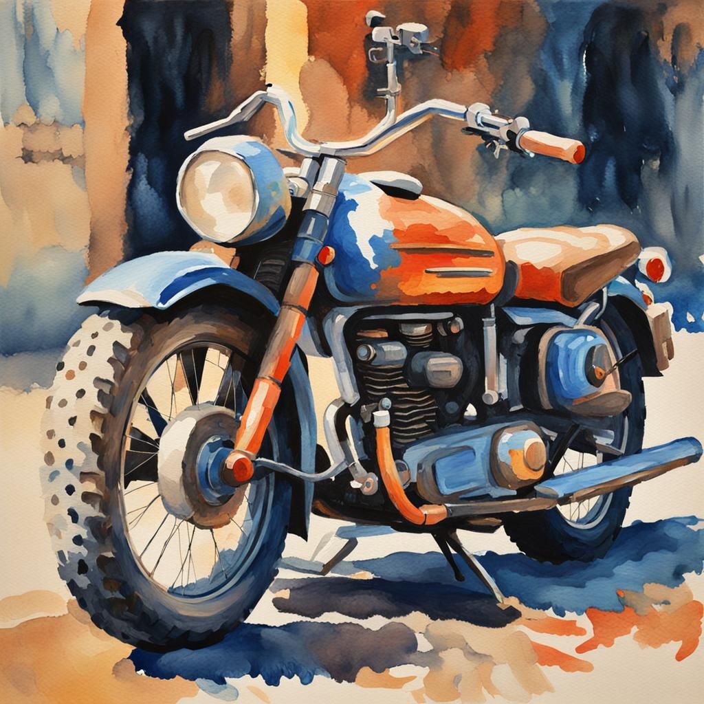 Motorcycle Gouache Watercolor Impressionist Masterpiece