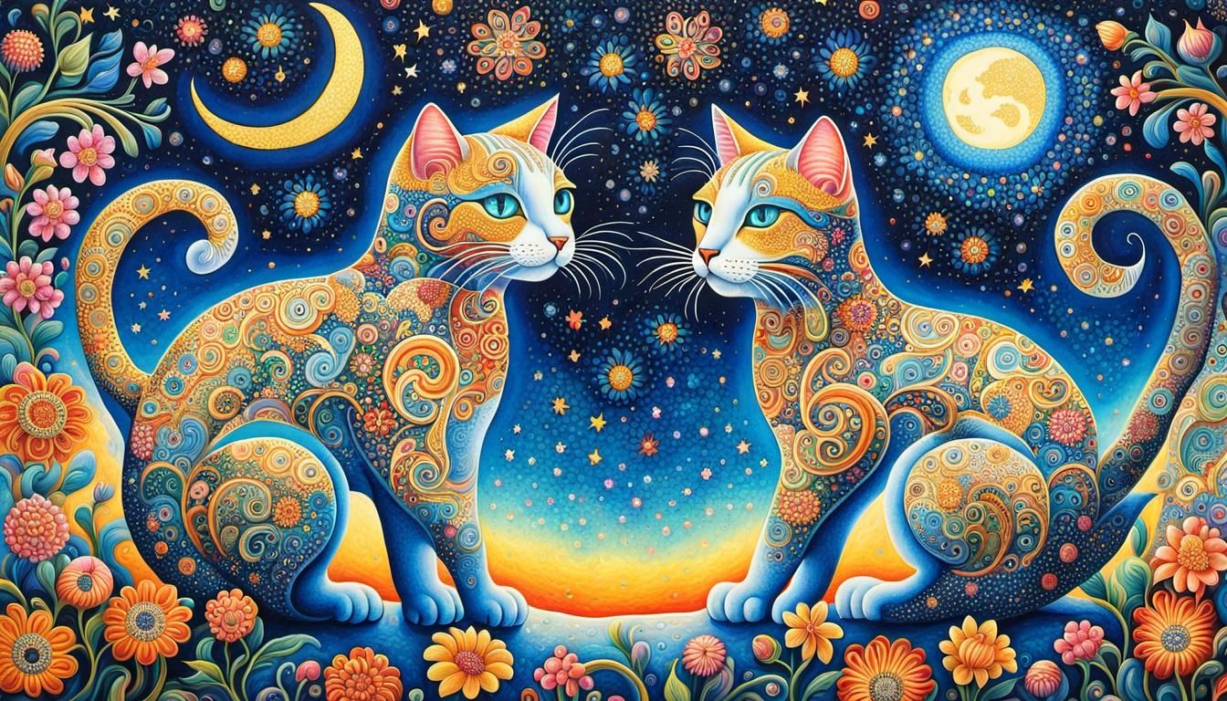 Floral Cats in Starry Sky, Naive Art Style
