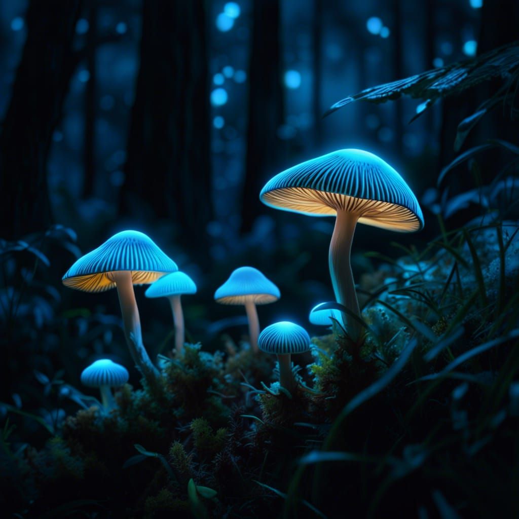 Glowing Bioluminescent Mushrooms in Jungle Night