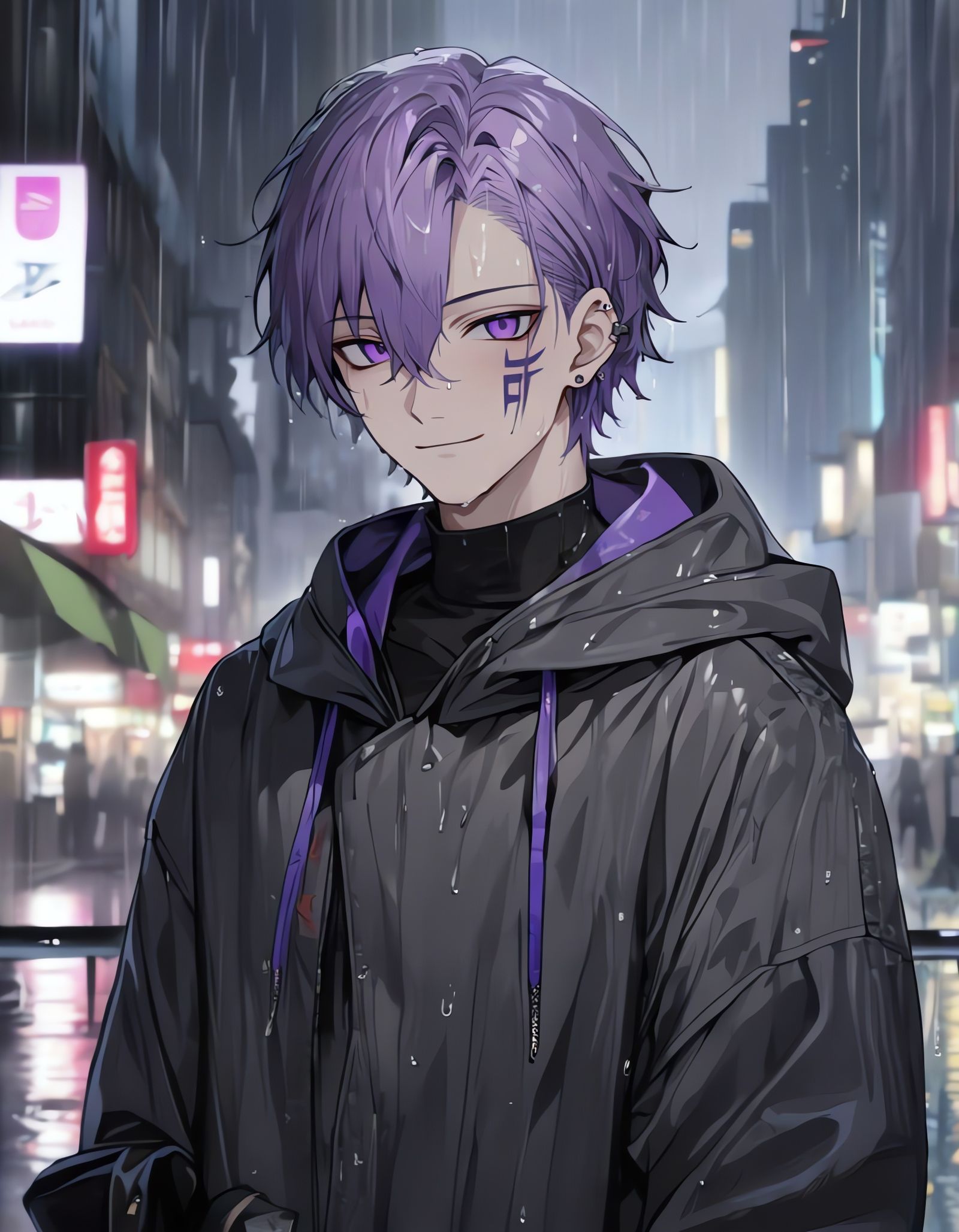 Purple-Haired Hacker in Rainy Cityscape