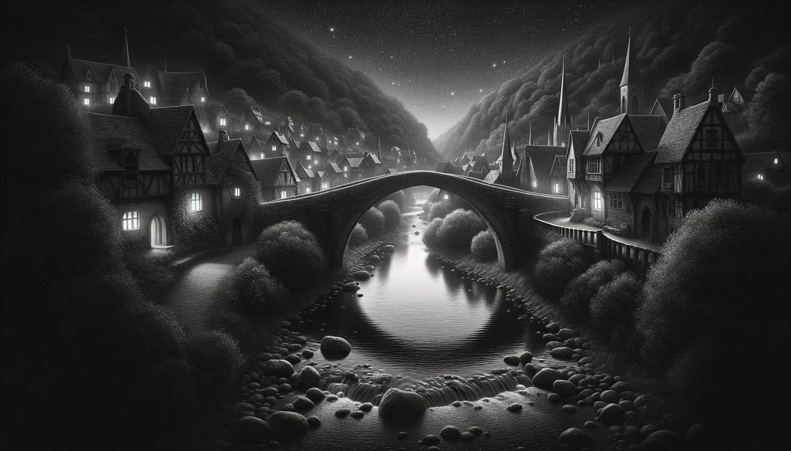 Medieval Town at Night with Stone Bridge