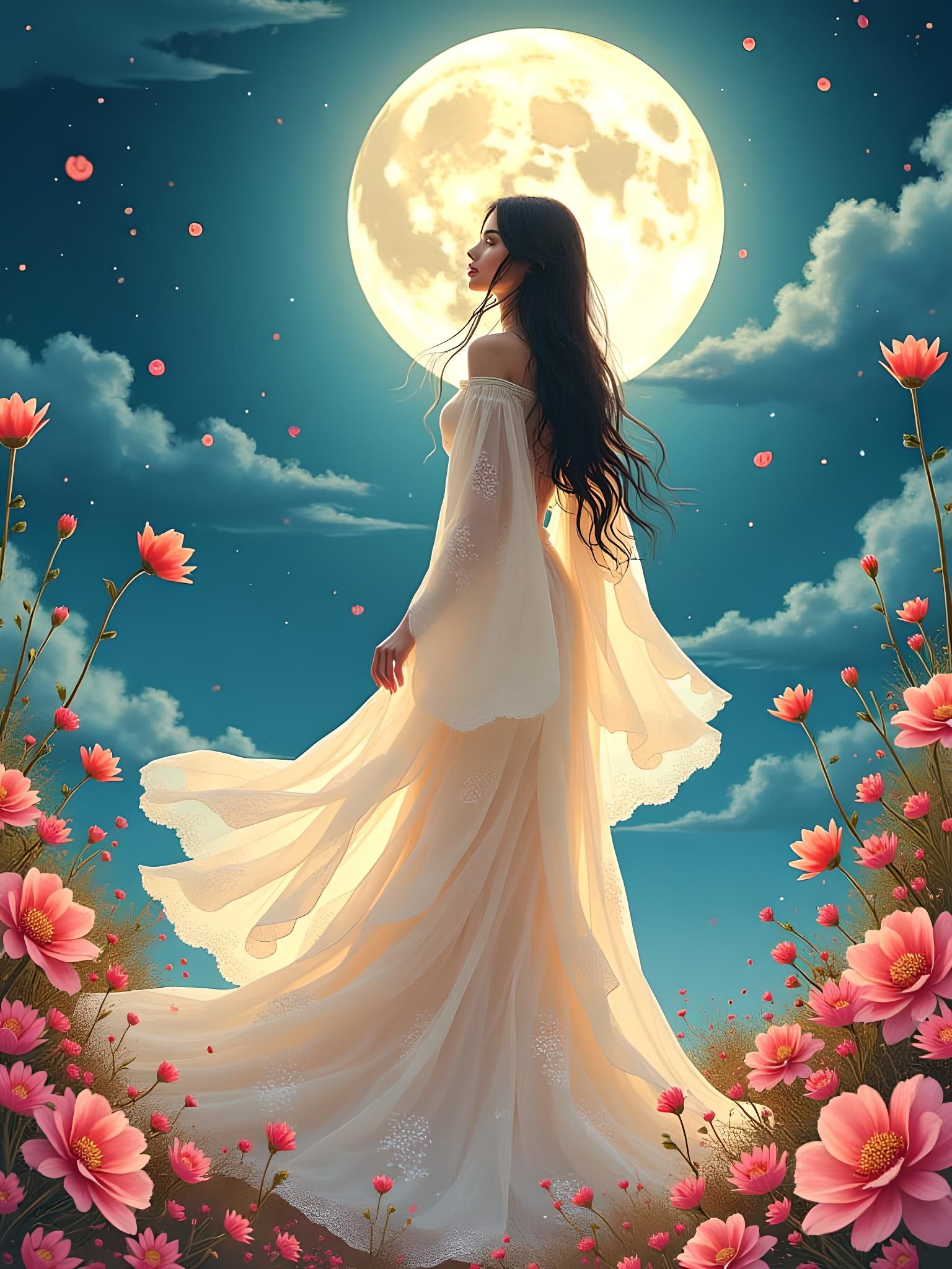 Ghibli-Style Goddess with Floral Accents