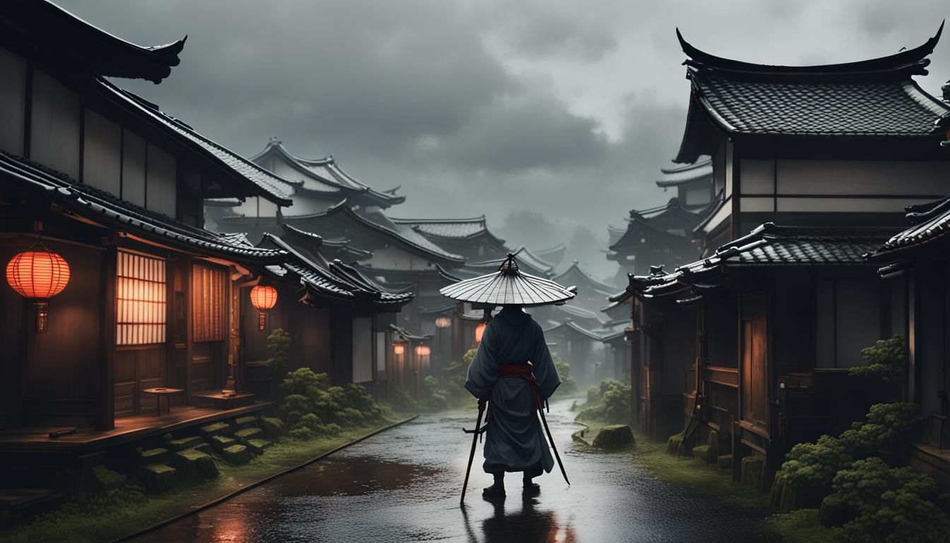 Wandering Samurai in Rainy Village: Dark Fantasy Art