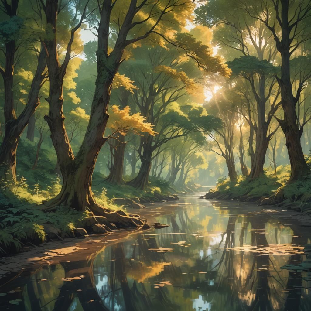 Mystical Forest Riverbank in Impressionist Anime Style