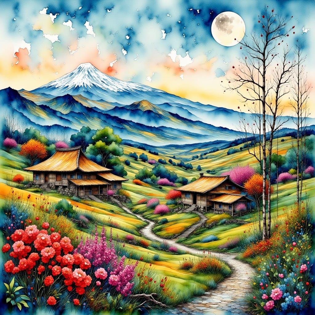 Serene Japanese Landscape in Watercolor Style