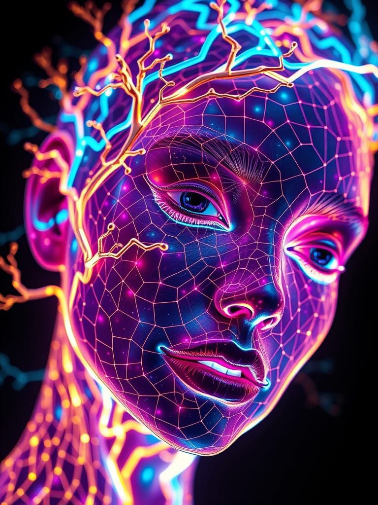 Woman's Face Labyrinth of Neon Pathways in Void