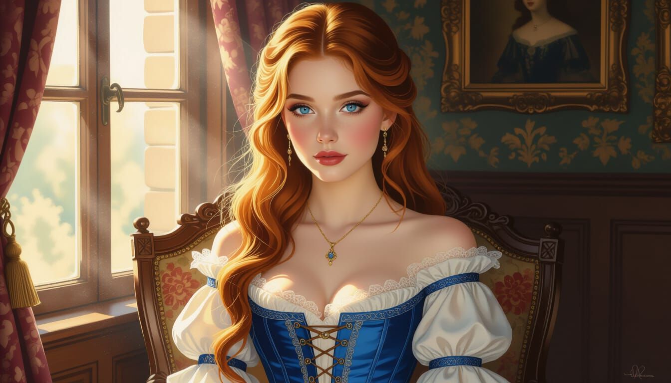 Victorian Woman in Blue Corset with Ethereal Lighting