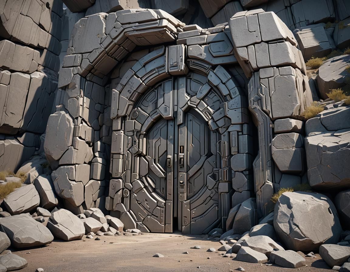 Futuristic Stone Door in High Gray Rocks, Sci-Fi Art